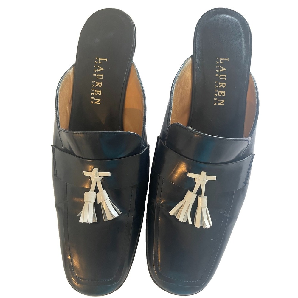 Lauren Ralph Lauren Navy Leather Tassel Mule Loafers Block Heel Spain Womens 8B